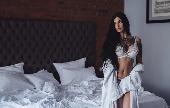 Sexy, pose, model, body, panties, bed, pillow, makeup