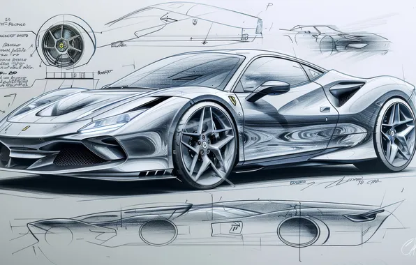 Design, black & white, Ferrari, drawing, sketch, black and white, Ferrari, cars