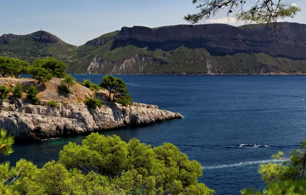 Picture sea, the sun, trees, mountains, rocks, shore, France, Provence