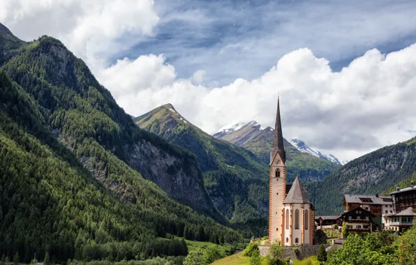 The sky, clouds, mountains, Austria, Church, Carinthia, Heiligenblut