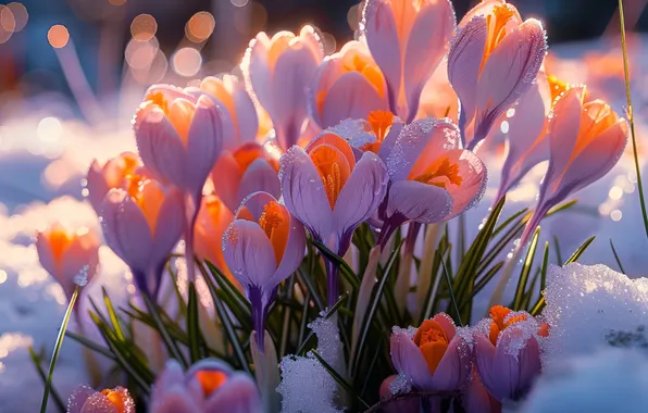 Light, snow, flowers, glade, spring, crocuses, pink, lilac
