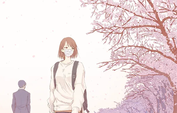 Girl, people, spring, Sakura, mask, quarantine