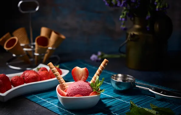 Picture berries, strawberry, still life, strawberry ice cream, waffle cones