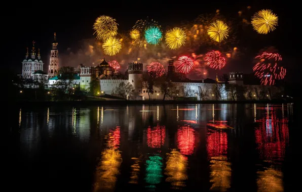 Picture the city, river, holiday, salute, the evening, Moscow, May 9, Novodevichy convent