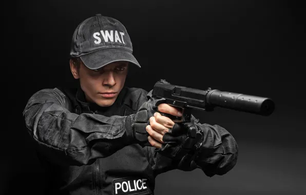 Pose, gun, jacket, gloves, male, form, cap, black background