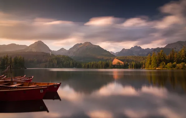 Picture forest, mountains, lake, boats, Strbske pleso, Tatra National Park, Slovakia, Slovakia