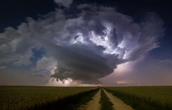 Road, the storm, field, clouds, lightning, France, Champagne-Ardenne