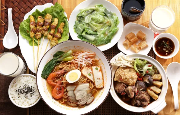 Picture figure, sauce, shrimp, Japanese cuisine, meals, noodles, tofu, kebabs