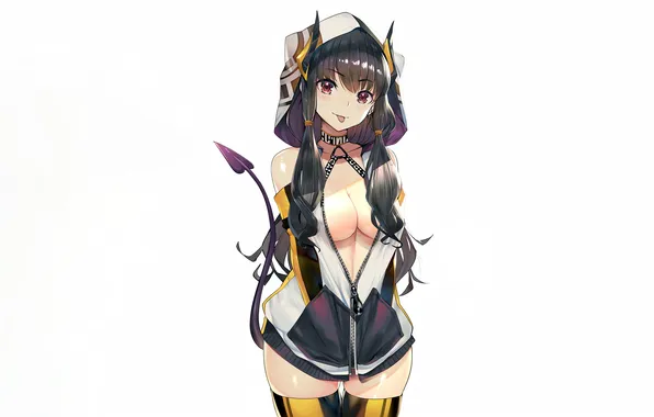 Girl, sexy, cleavage, thighhighs, horns, long hair, boobs, anime