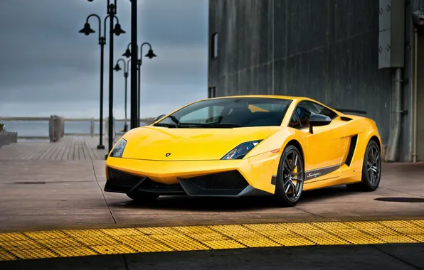 The sky, yellow, clouds, grey, building, Lamborghini, lights, promenade