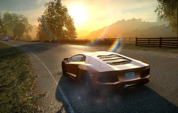 Picture road, the sun, mountains, race, view, need for speed the run, lamborghini aventador lp-700-4