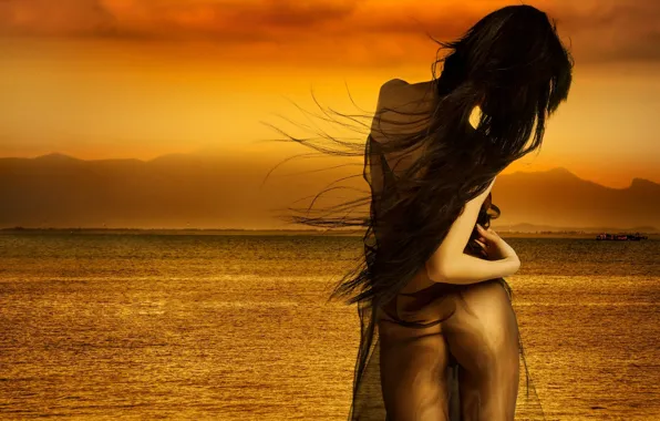 Sea, girl, mountains, graphics