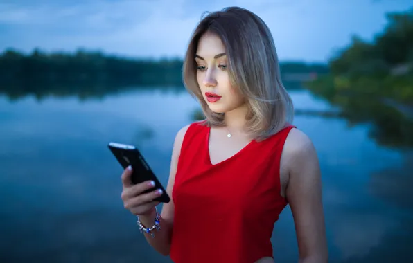 Summer, look, girl, nature, river, the evening, phone, beauty