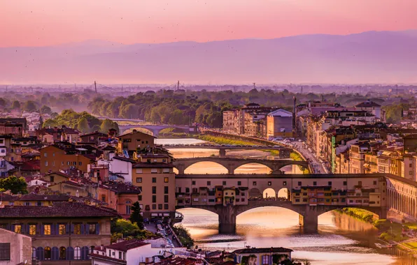 The sky, landscape, mountains, bridge, home, Italy, Florence, the Arno river