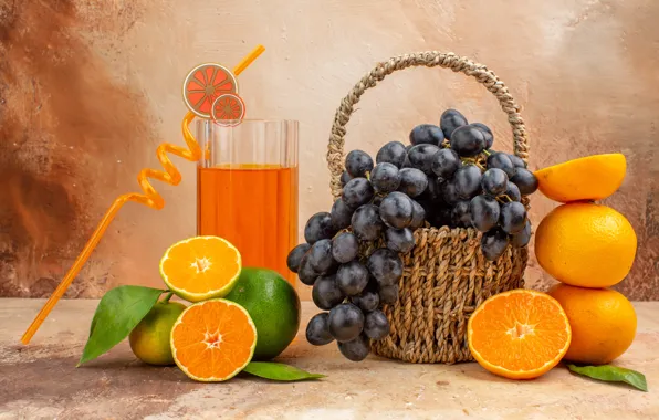 Picture glass, oranges, grapes, drink, fruit, basket, tangerines