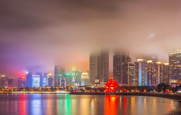Lights, Fog, Night, The city, River, Skyscrapers, China