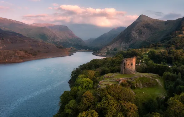 Mountains, castle, ruins, pond