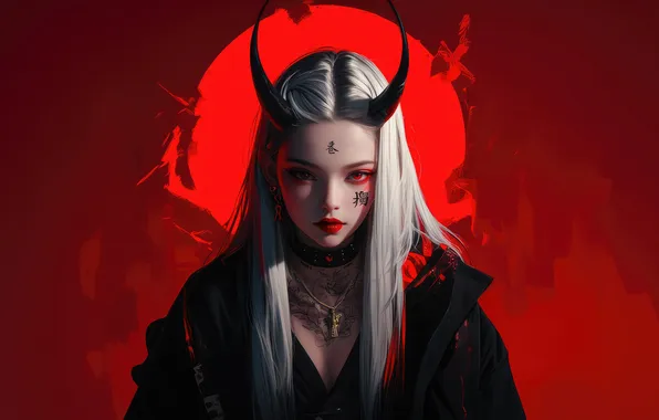 Devil, Anime, Red Eyes, Tattoo, White Hair, Horn, Red Background, Anime Girl