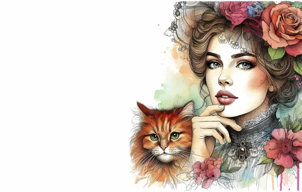 Cat, cat, girl, flowers, portrait, white background, painting, imitation painting