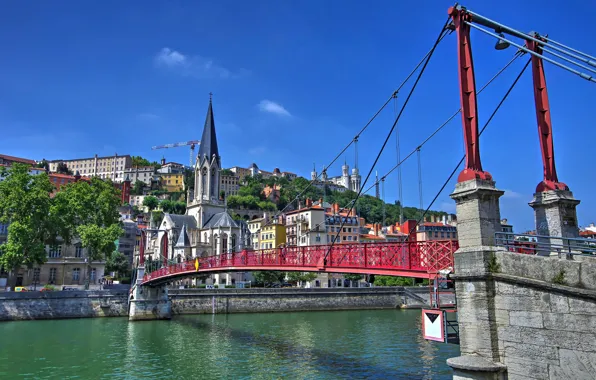 Picture the sky, bridge, river, France, home, slope, Lyon, Rhone-Alpes