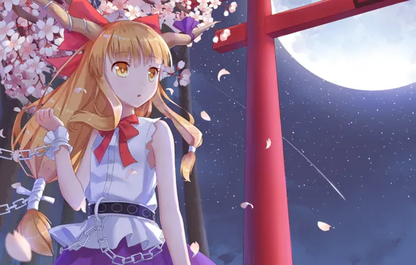 Girl, night, the moon, horns, Touhou, Ibuki Suika