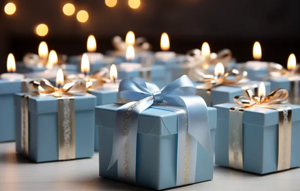 Tape, the dark background, flame, box, gift, candles, blue, Christmas