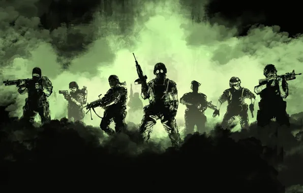Weapons, smoke, soldiers, squad