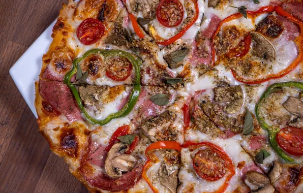 Macro, mushrooms, cheese, meat, vegetables, pizza, sausage, delicious