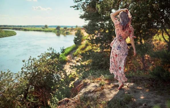 Picture girl, the sun, nature, pose, river, photo, model, hair