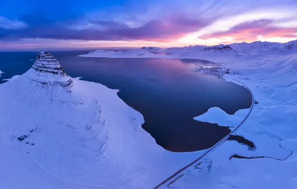 Winter, road, clouds, snow, sunset, nature, rocks, view