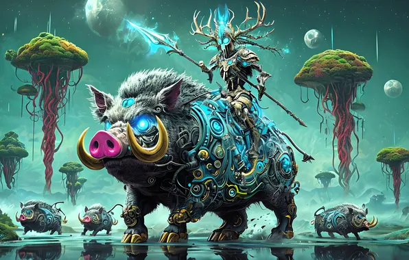 Planet, fangs, horns, rider, boar, digital art, other worlds, fantastic landscape