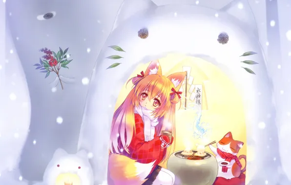 Winter, cat, girl, snow, snowflakes, food, anime, scarf