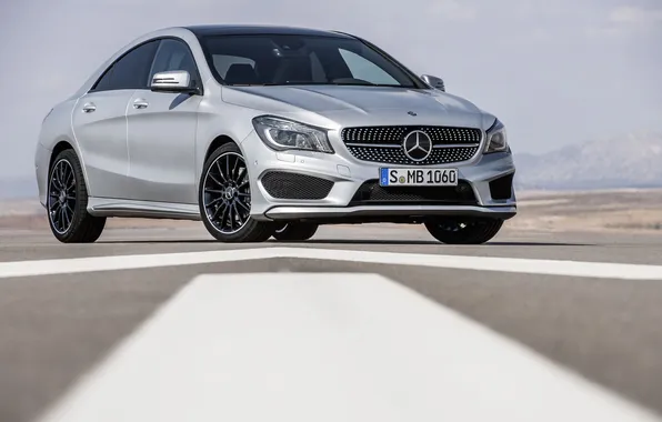 Picture lights, Mercedes-Benz, the hood, Machine, Grey, Day, Sedan, The front