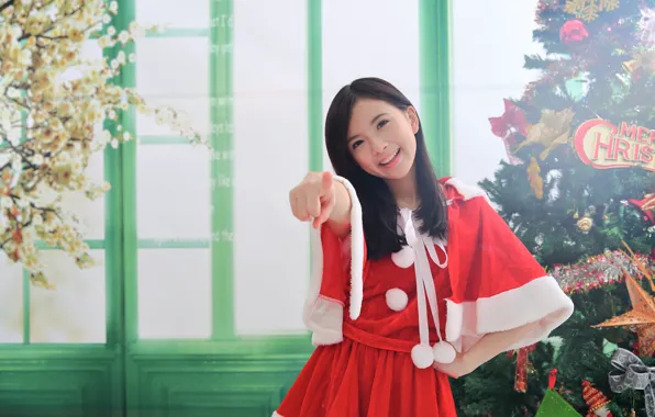 Girl, joy, smile, background, holiday, tree, finger, Asian