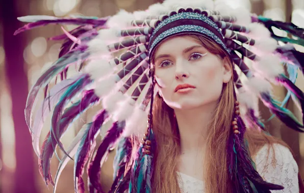 Look, girl, face, feathers, headdress