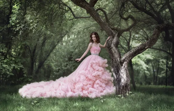 Girl, trees, Park, dress, brown hair