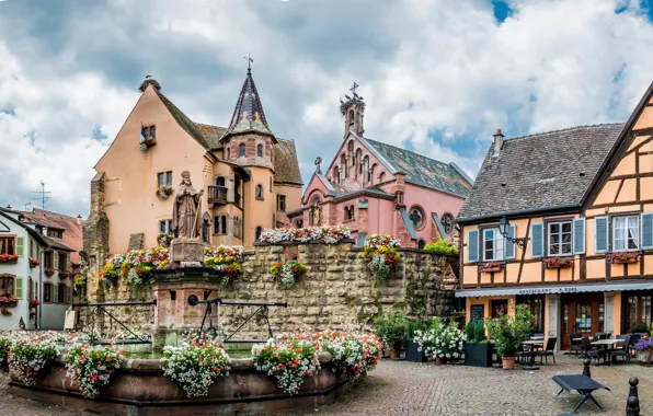 Flowers, France, home, monument, fountain, Alsace, Eguisheim