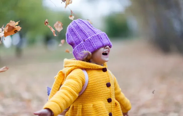 Picture autumn, leaves, joy, hat, girl, falling leaves, coat, child