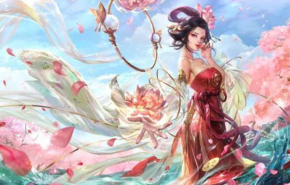 Girl, magic, fantasy, art, Lotus, Yang Yuhuan, Fast!