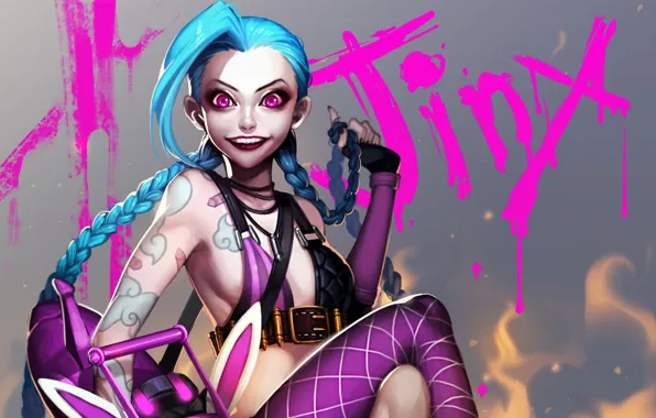 Girl, art, tattoo, madness, League of Legends, LoL, Jinx