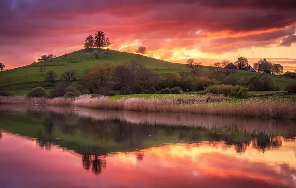Picture the sky, grass, water, trees, sunset, reflection, river, hills