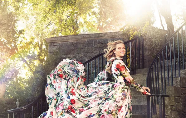 The sun, trees, smile, mood, model, garden, dress, actress