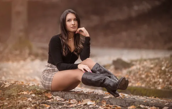 Autumn, look, leaves, skirt, blouse, legs, boots, sitting