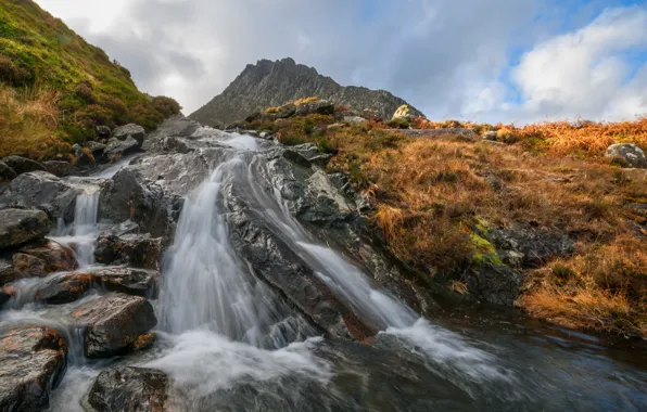 Mountains, river, stones, waterfall, Wales, Snowdonia