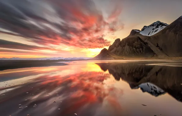 Picture beach, water, clouds, mountains, surface, reflection, the evening