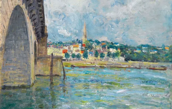 The sky, clouds, bridge, the city, river, picture, Alfred Sisley