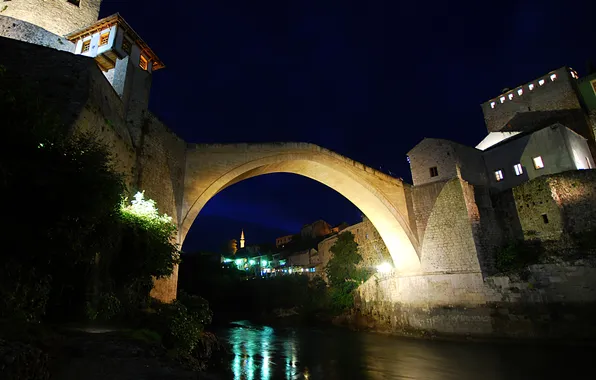 Night, bridge, lights, river, home, Bosnia and Herzegovina, Mostar, Old Bridge