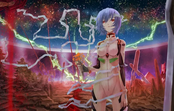 Girl, stars, trees, flowers, weapons, spear, red eyes, evangelion