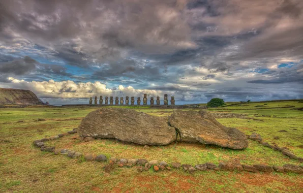The sky, clouds, Easter island, statues, Chile, Rapa Nui