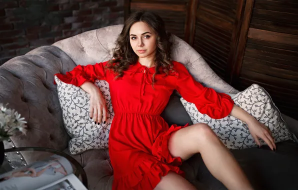 Picture girl, red, pose, photo, room, sofa, model, dress